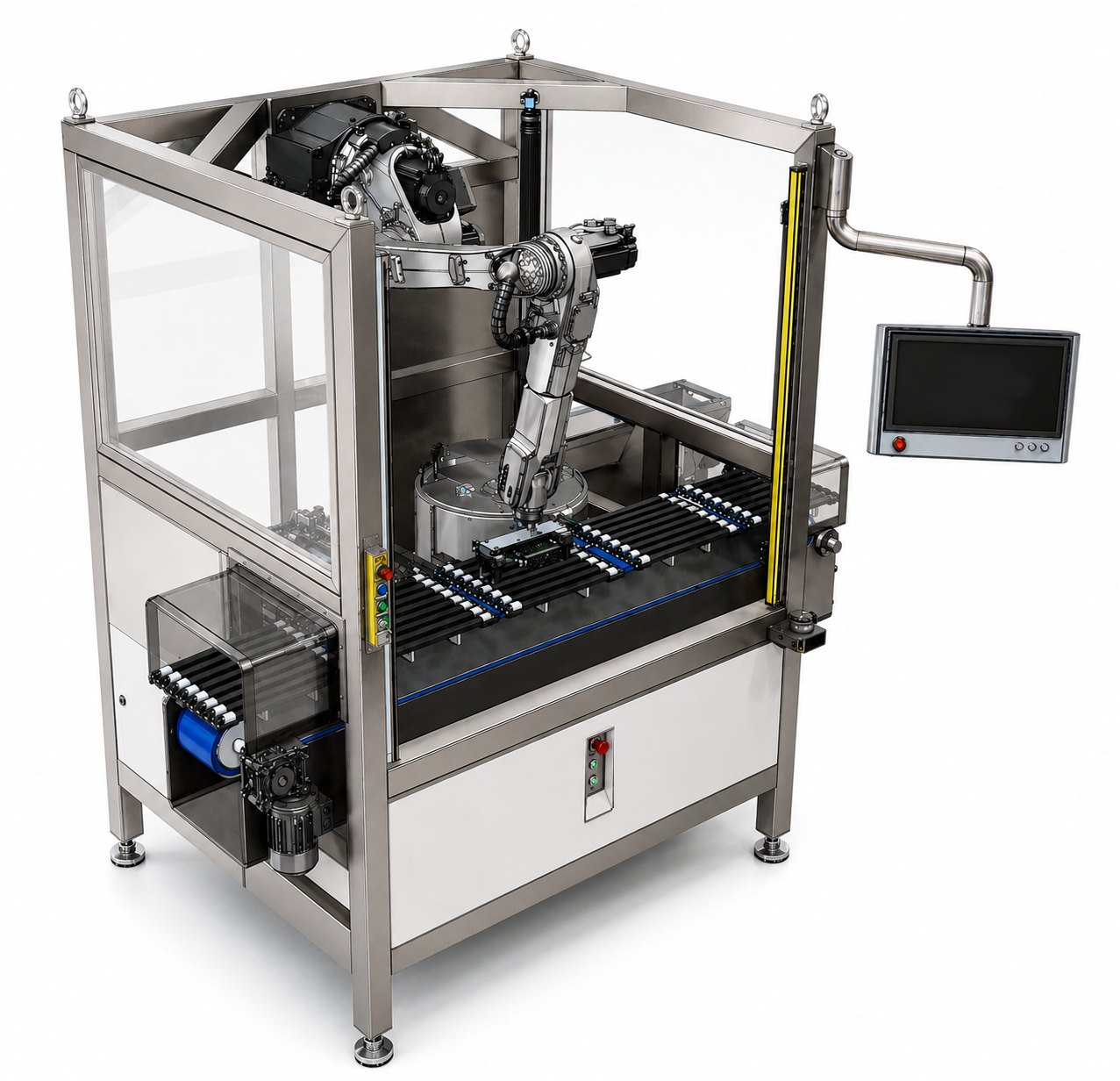 Design render of a custom Revolve Systems robotic cell with robot arm, rotary process station, infeed conveyor, light curtain and operator HMI